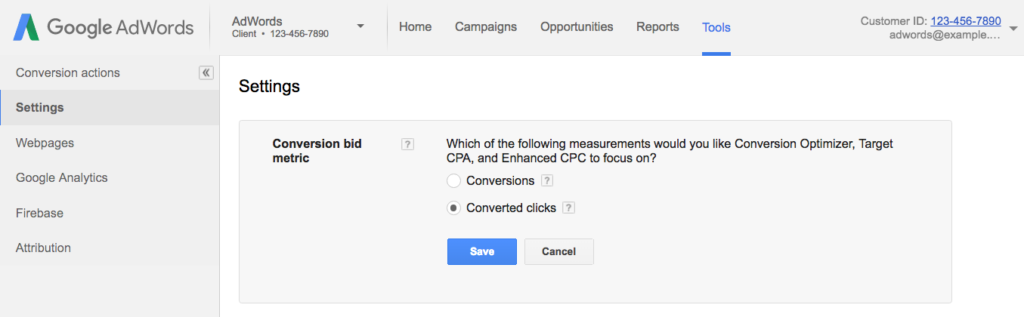 The conversion bid metric setting in AdWords